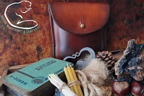 Limited edition old school leather tinder pouch with flint & steel patina v