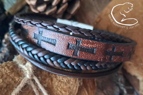 NEW - Cross Detail Multi Strands Wrist Strap - Embossed Cross - Beaver Moon Leather - BMLX