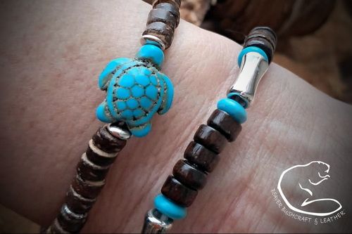 NEW - 'Surf's Up' Simple Beaded Wrist Band Duo - Turtle - Beaver Moon Leather - BML12
