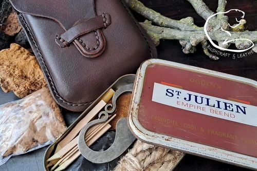 NEW - 'Old-Timer's'  Vintage Tin Tinderbox with Hand Stitched Soft Leather Pouch - Limited Edition