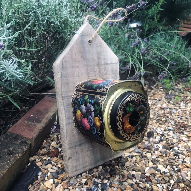 Vintage floral tin birdhouse or feeder