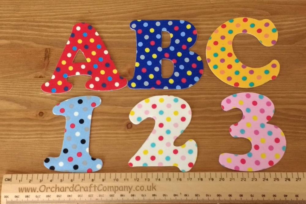 Iron On Fabric Uppercase Letters and Numbers 7.5 cm (3 Inch ) Dotty
