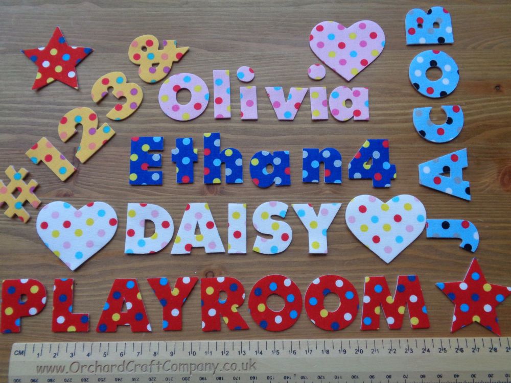 7 Iron On No Sew Fabric 3 cm Letters, Numbers.Dotty Chunky Font