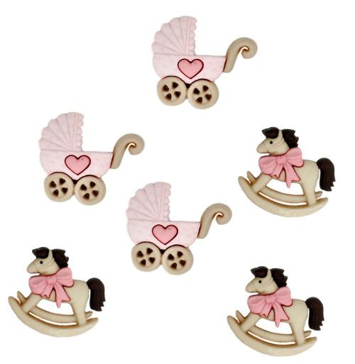 Dress It Up Buttons -Rocking Horse and Pram. Baby Girl.