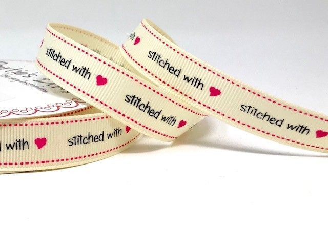 Stitched With Love Print 16mm Grosgrain Ribbon, By  Bertie's Bows