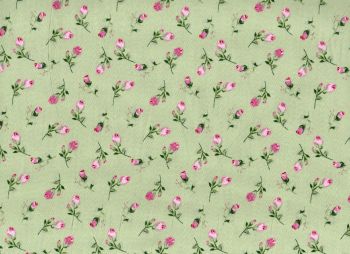 Green With Pink Flowers -  100% Cotton Poplin Fabric