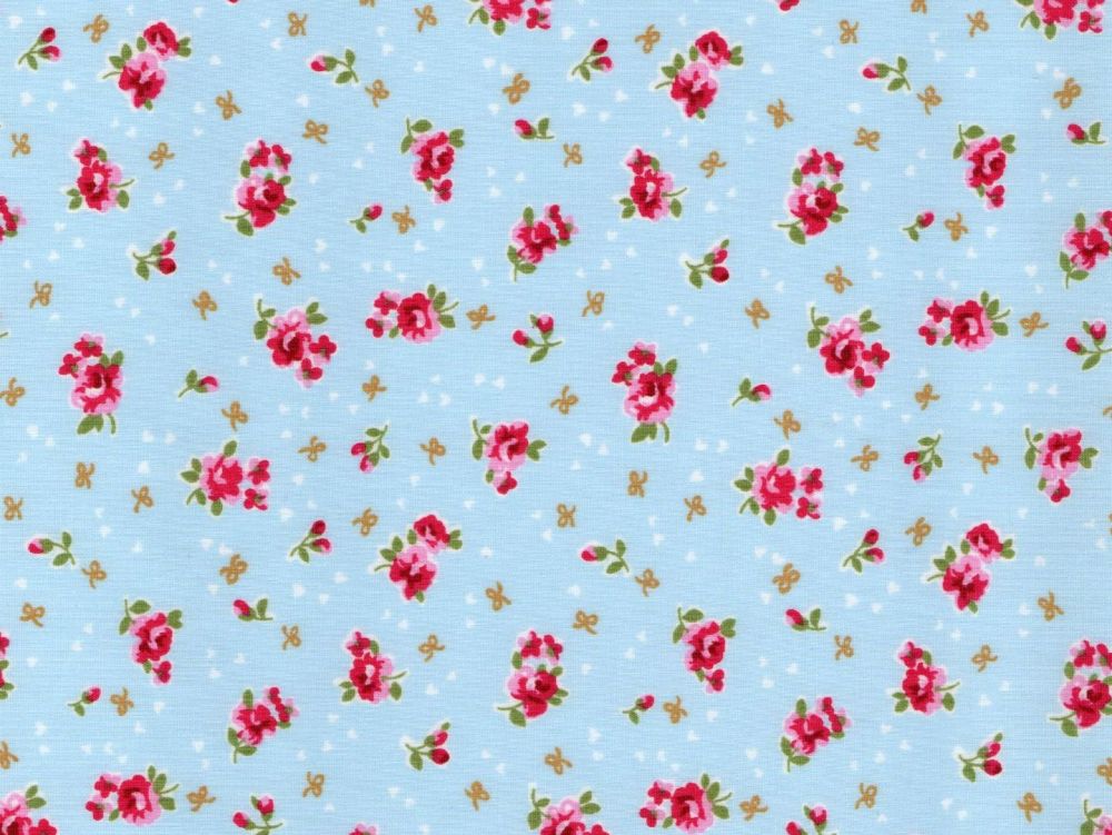 Pink Rose, Blue Background -  100% Cotton Poplin Fabric