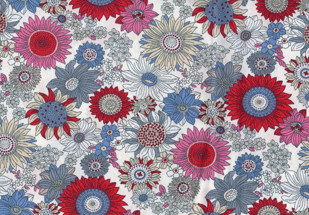 Floral fabric Deep Pink, Red,Blue, Grey,100% Cotton Poplin