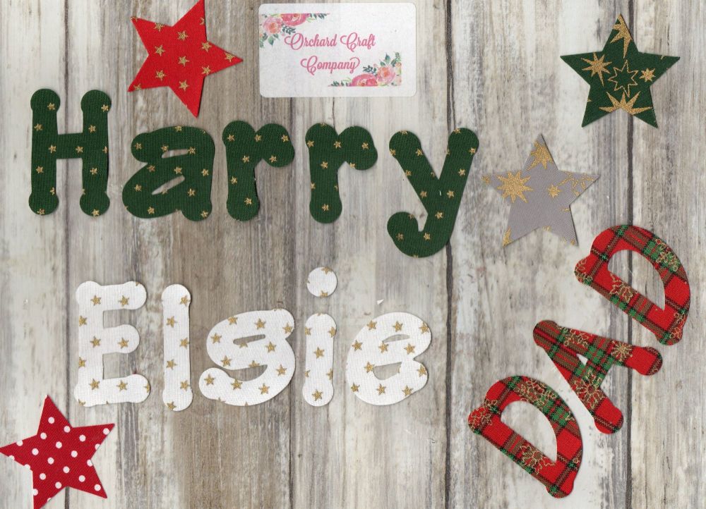 Christmas letters, Iron on Fabric  4-5 cm Christmas Colours set of 7