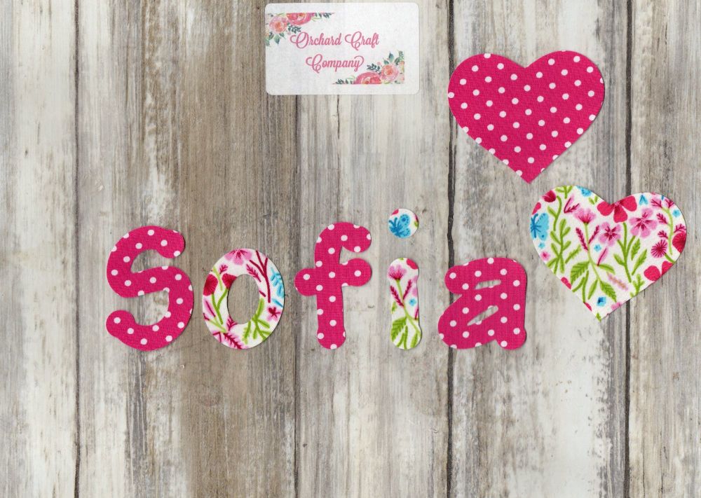 Iron On Fabric Applique Letters/Numbers set of 7 Floral/Dotty Size 4-5cm high