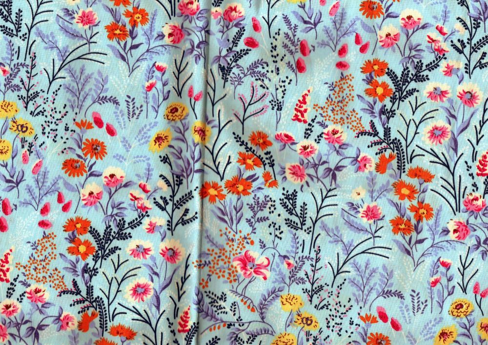 Floral fabric, Blue with orange,pink,yellow flowers