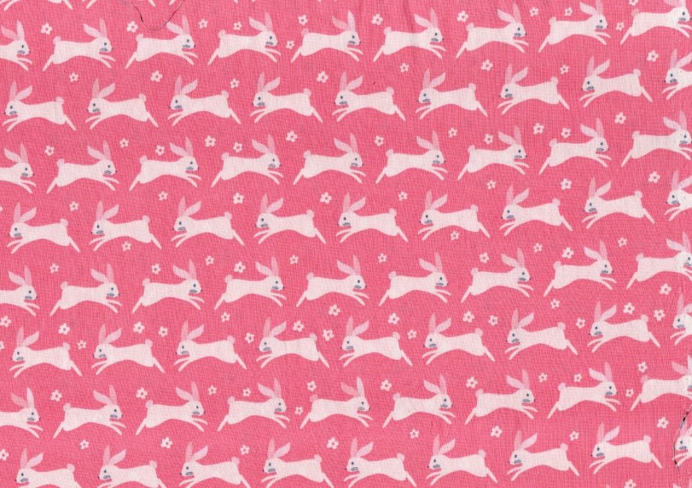 100% Cotton Fabric, White Rabbits on pink background