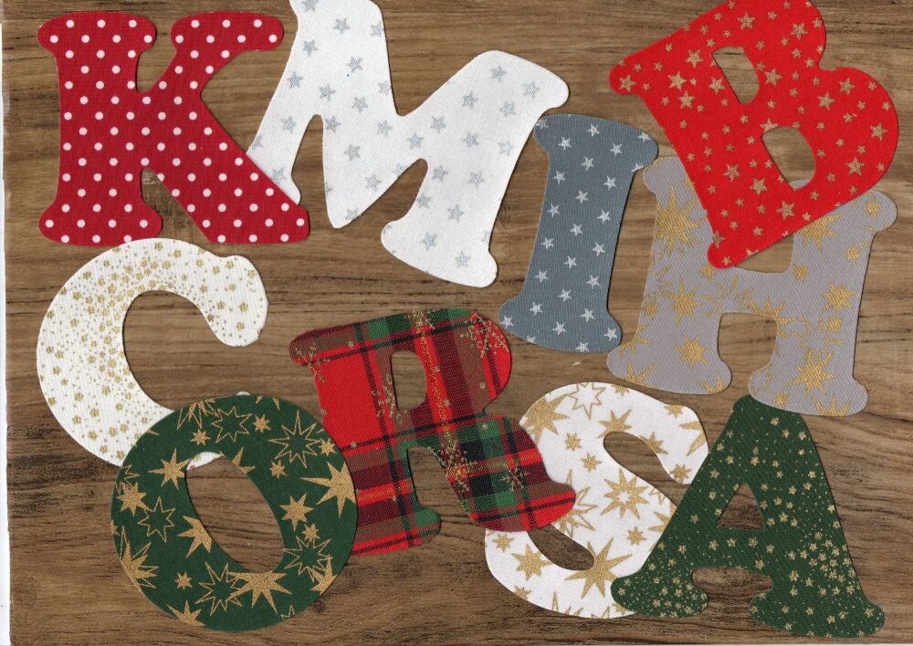 Iron on Christmas Fabric, 7.5cm letters. Christmas Colours