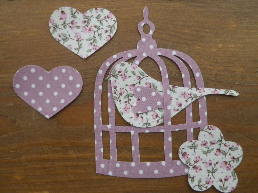 BIRDCAGE & BIRD in dotty/floral shabby chic IRON ON FABRIC
