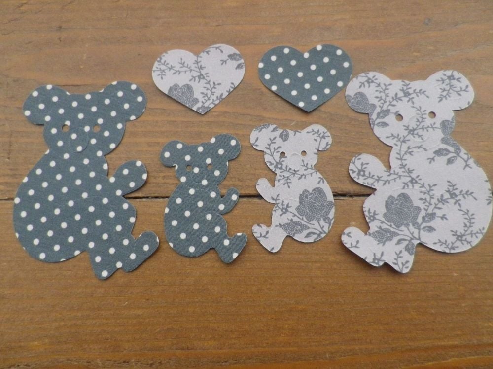 4 SHABBY CHIC Floral/Dotty Fabric Iron On KOALA BEARS with HEARTS for Appli
