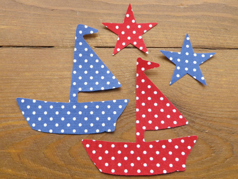 A Set of 2  Iron On Applique Fabric Boats Red/Blue with Stars