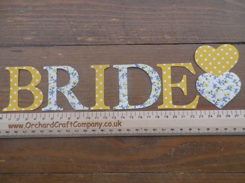 BRIDE, With matching Hearts, Iron on 5 cm Applique letters