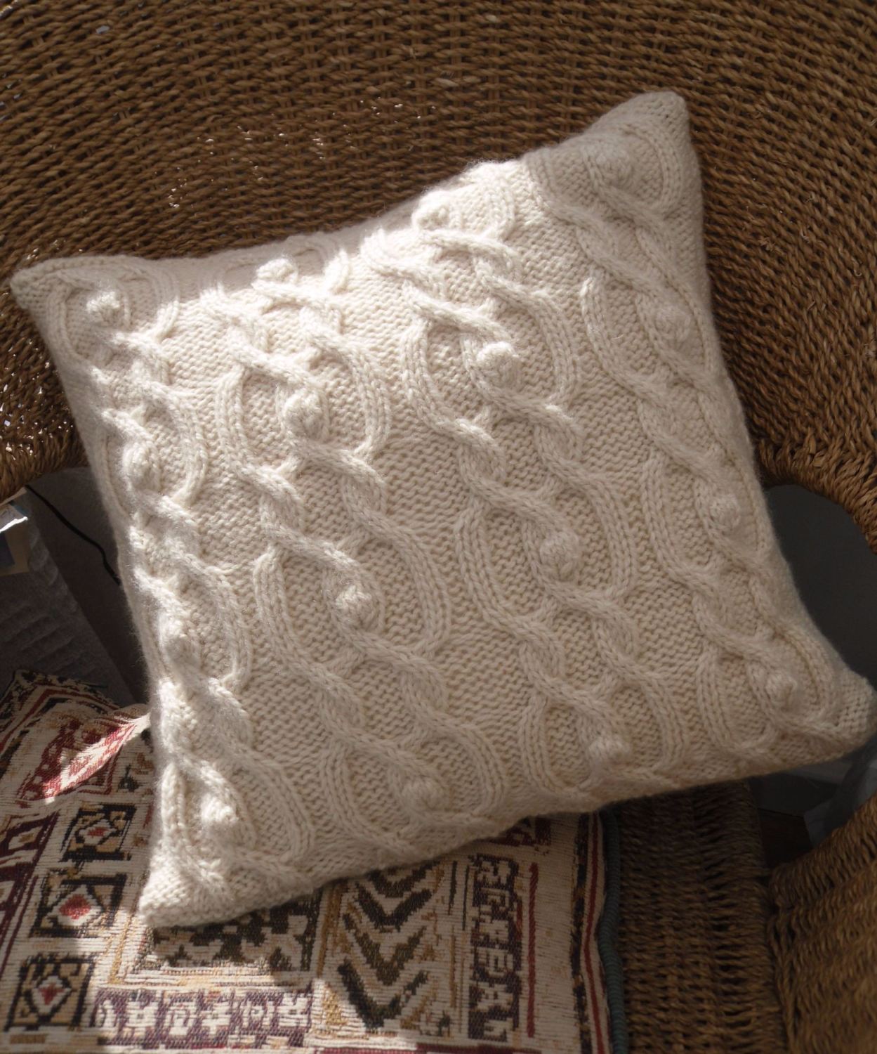 Cream Cushion cover | Aran Cable Knit | Wooden button fastenings