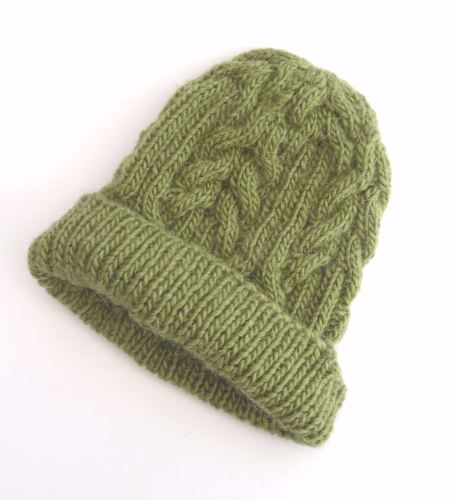 Green cabled beanie hat , customised knit