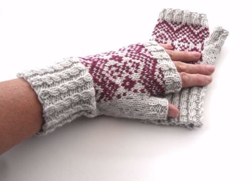 Grey / Red 100% wool Fingerless gloves