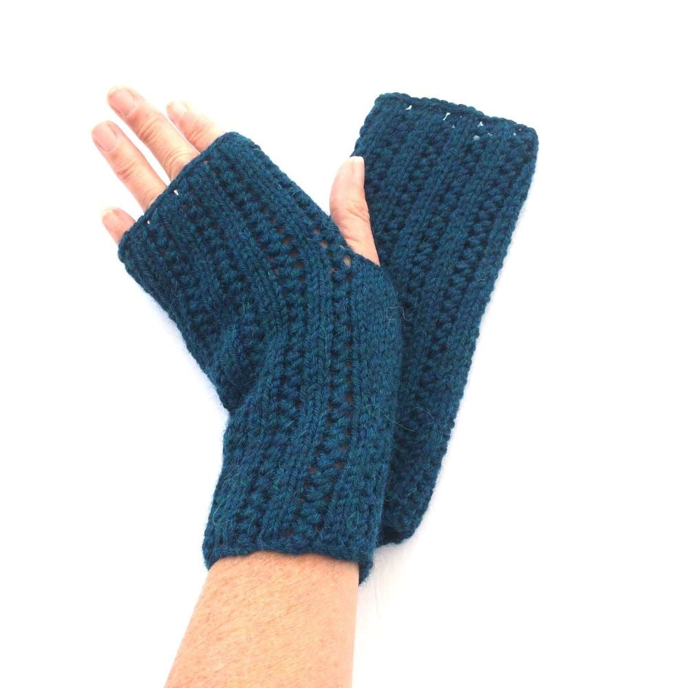 Teal Blue Alpaca / Wool Fingerless gloves