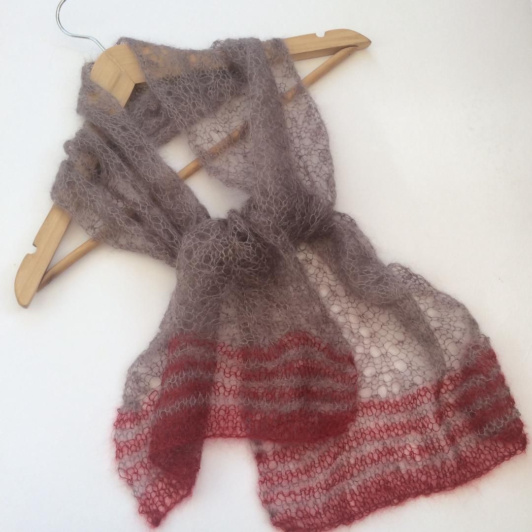 Mohair lace scarf in Taupe with red stripes