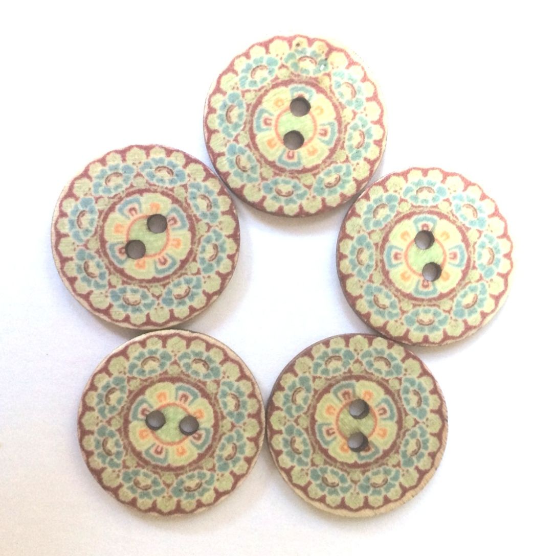 Teal Mandala style wood buttons 25mm