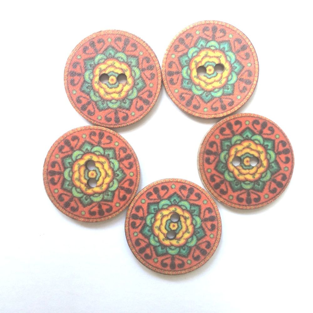 Yellow Flower Mandala style wood buttons 25mm