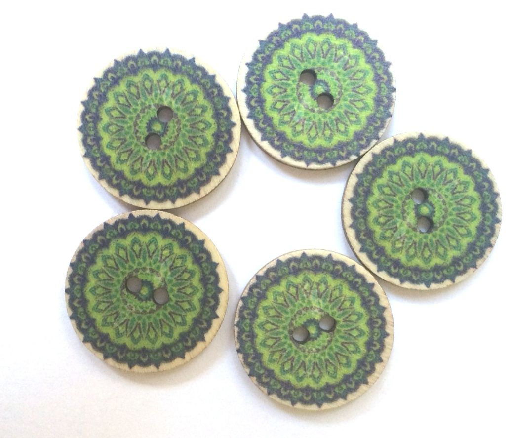 Green Mandala style wood buttons 25mm