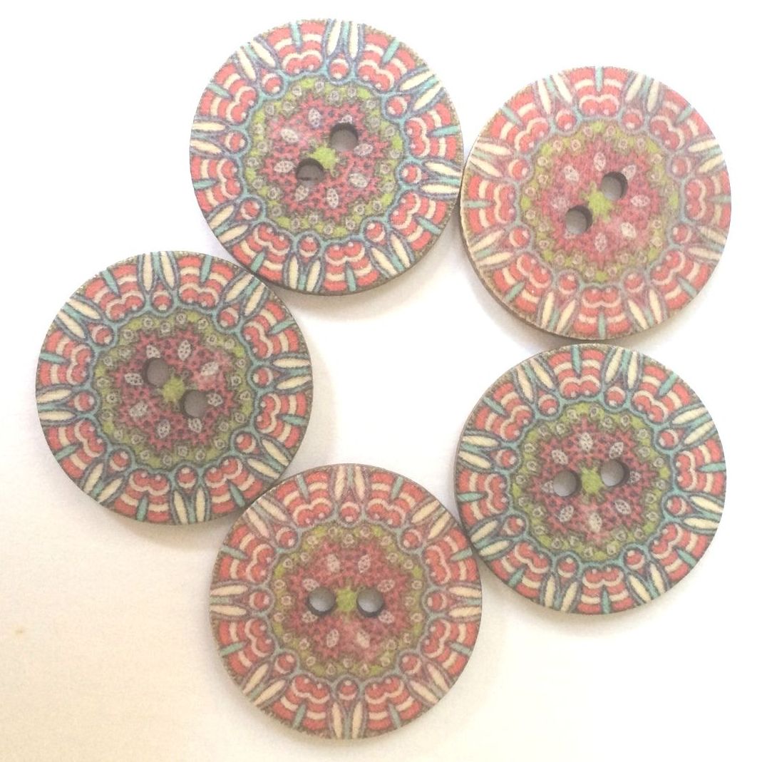 Red Flower Mandala style wood buttons 25mm