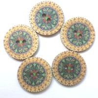 Blue / Green Mandala style wood buttons 25mm