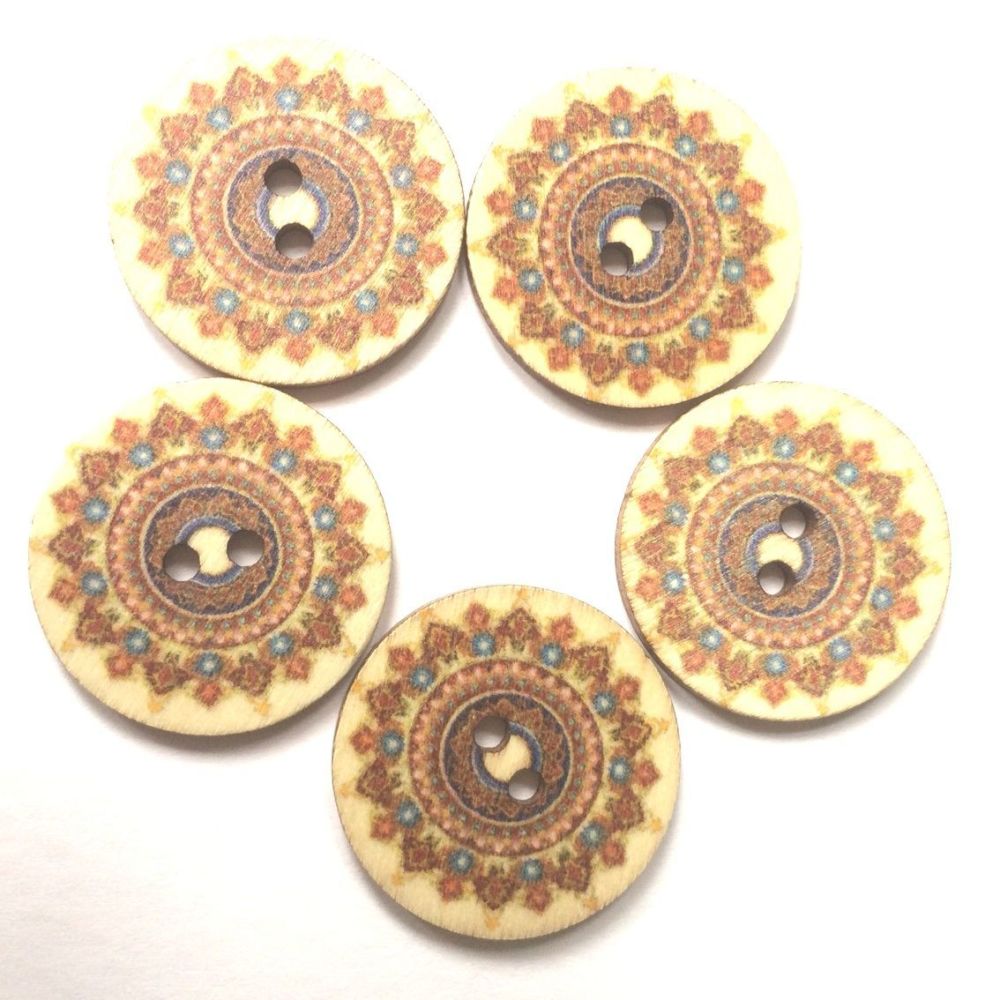 Cream / Brown Mandala style wood buttons 25mm