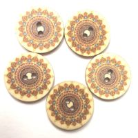 Cream / Brown Mandala style wood buttons 25mm