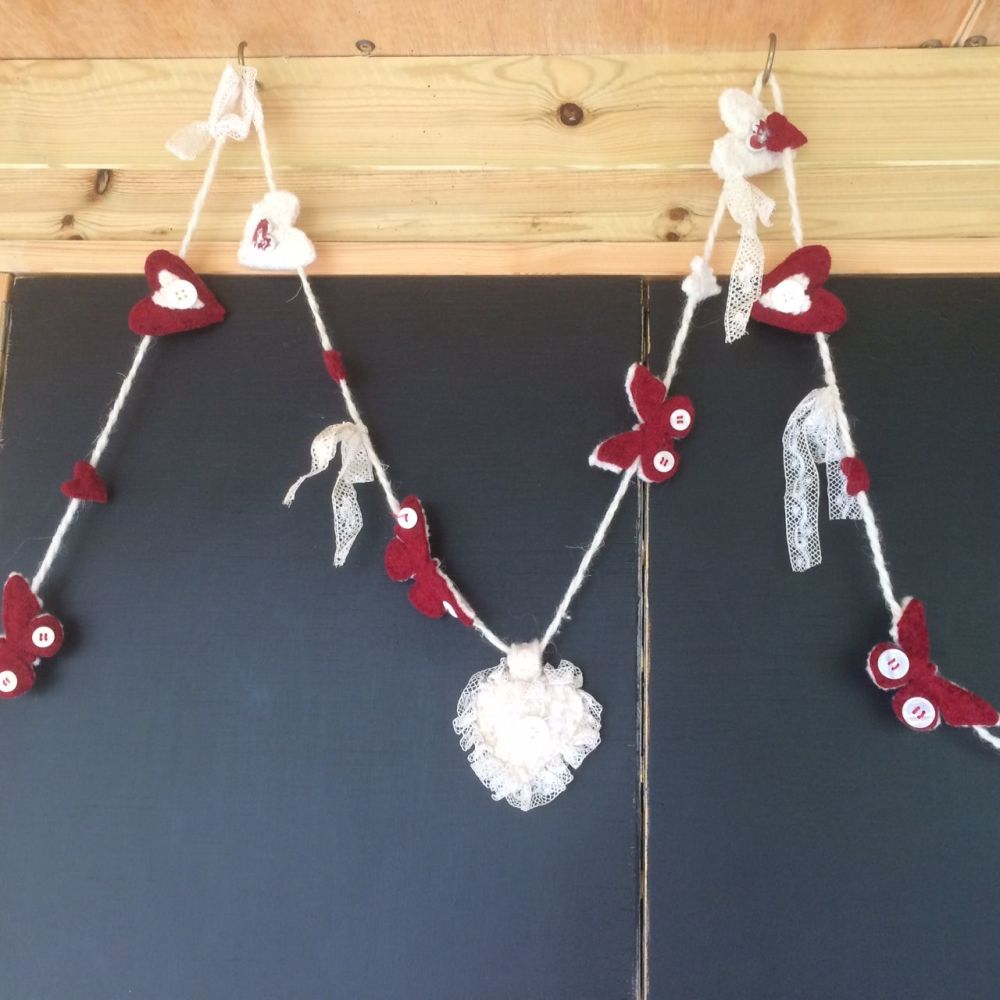 Red felt & lace bunting  using recycled fabric + vintage lace 