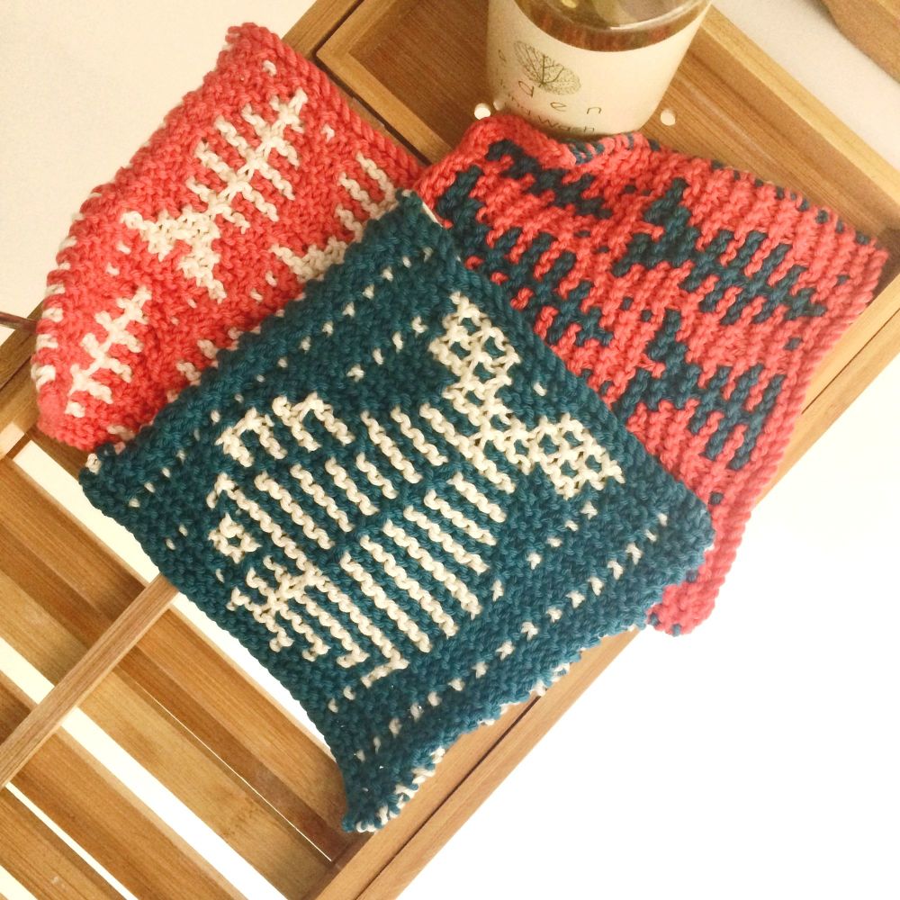 Green & Coral  Knitted Wash Cloths