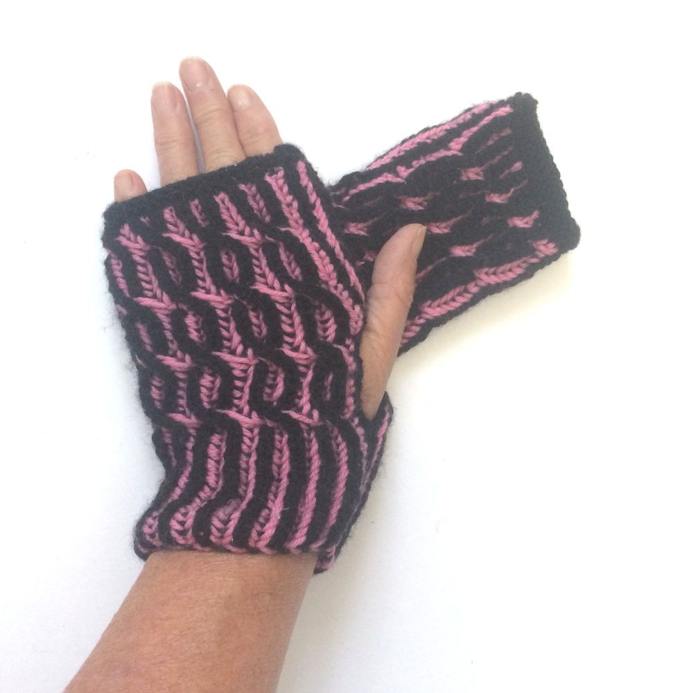 Pink / Black  cabled brioche fingerless gloves