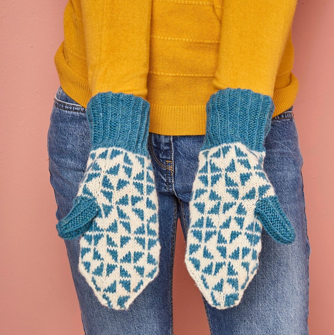 Teal / Cream Triangles  Wool Mittens