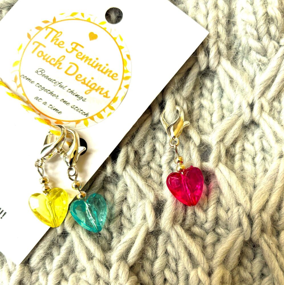 Set of 3 heart stitch markers with lobster clasp