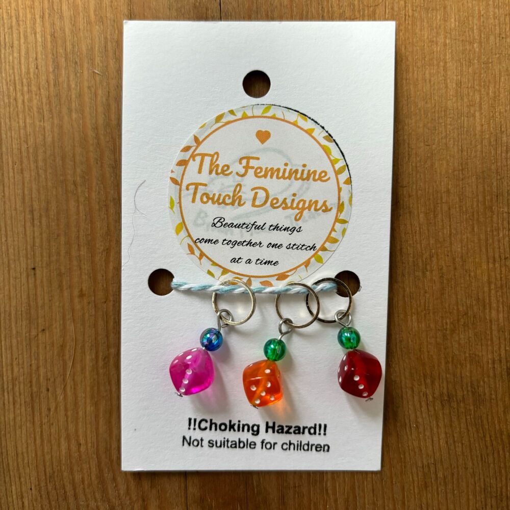 Dice squares set of 3 stitch markers with ring
