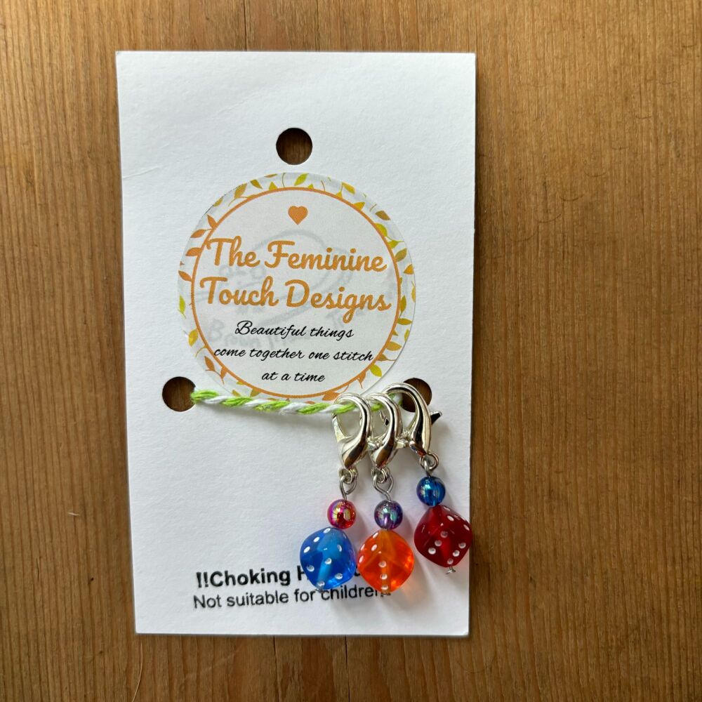 Dice stitch markers set of 3 with lobster clasp