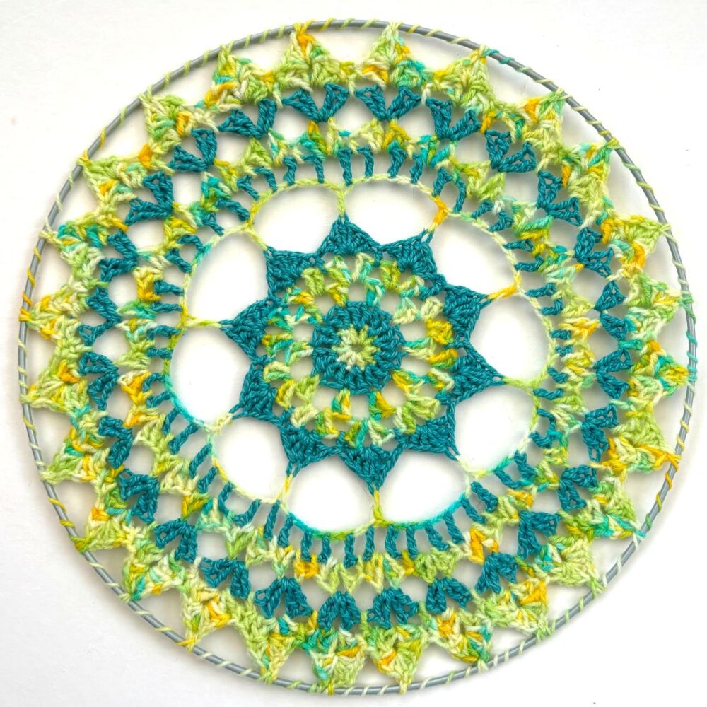 Handcrafted Crochet Mandala in a 12" Wire Hoop in Yellow & Turquoise