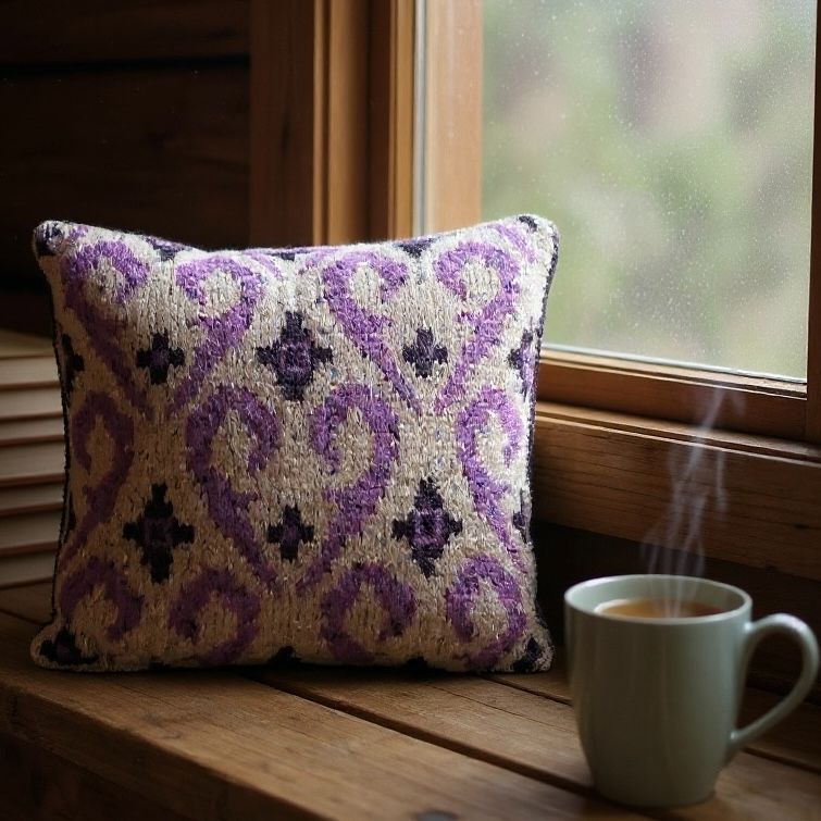 Small Fair Isle cushion - pink swirls (12" x 12")