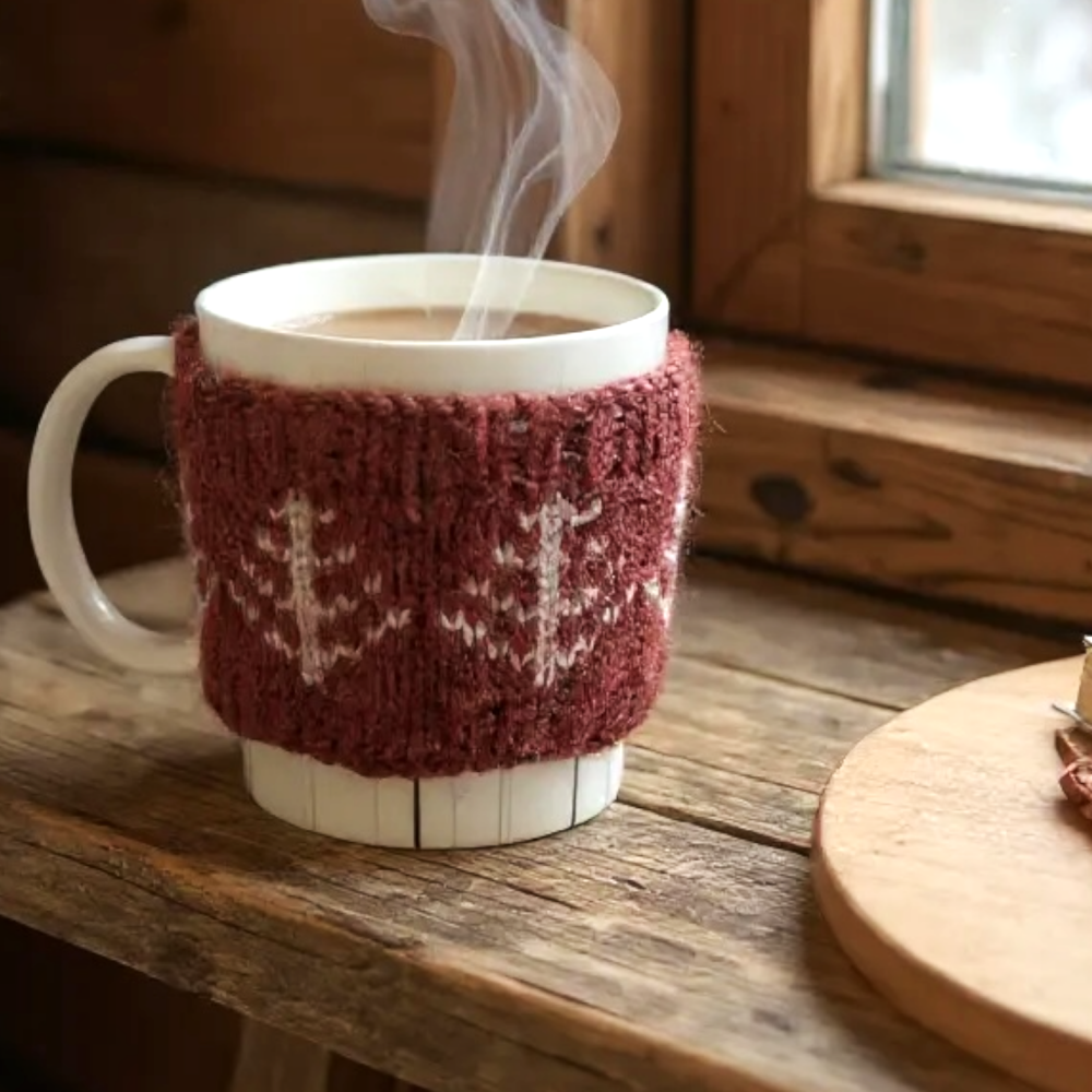 Dark red with cream pine trees Mug cozy