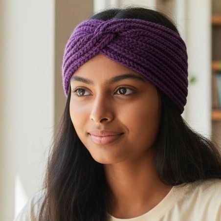Purple hand knit headband in 100% wool