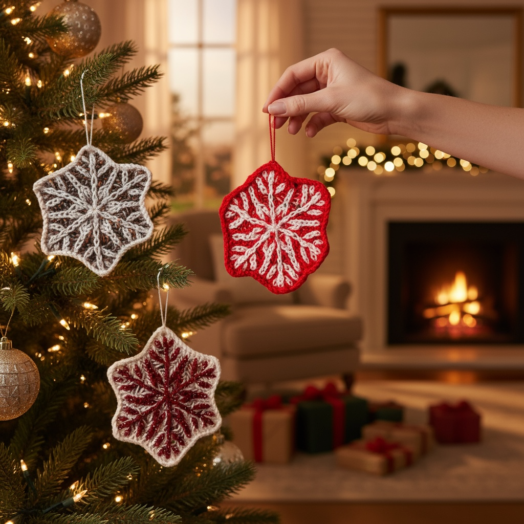 3 Red Brioche snowflake decorations