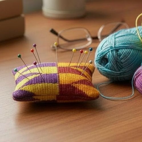 Pin Cushion — Geometric Kente Bold Pin Cushion (Purple/Yellow/Red)