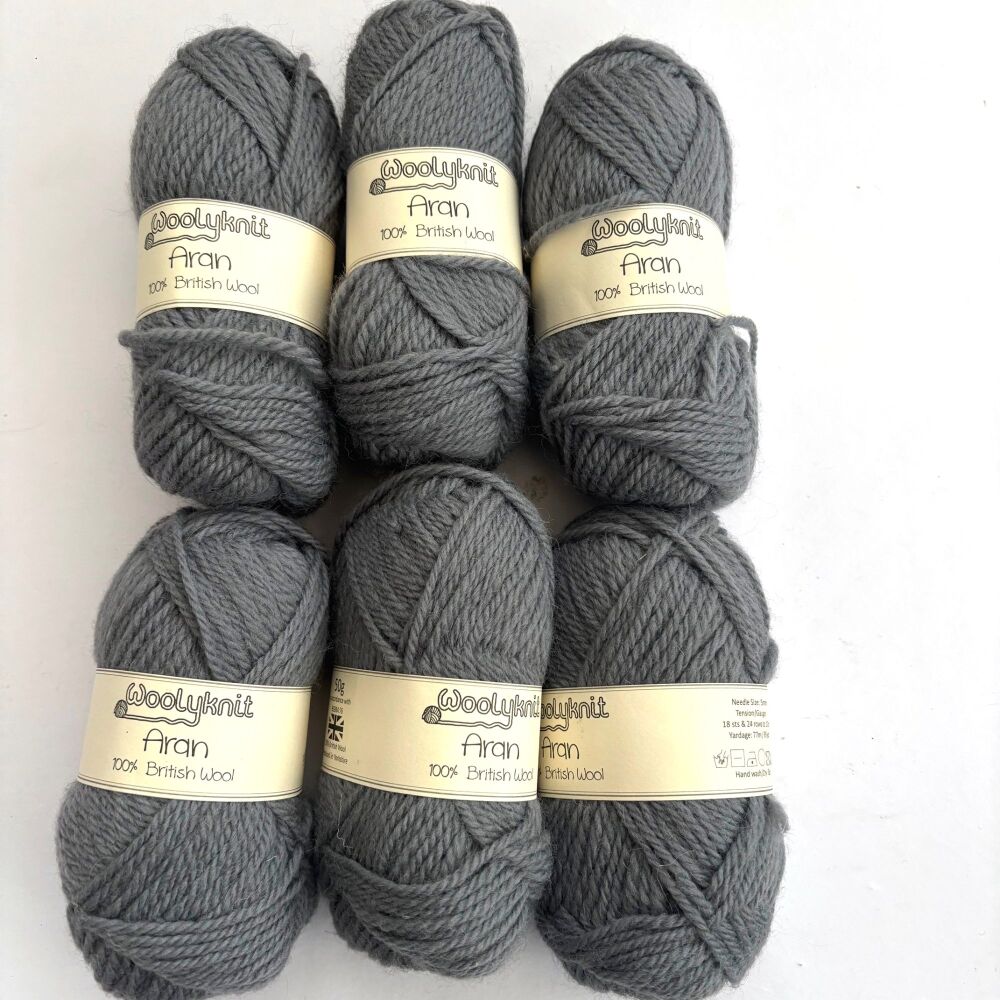 WoolyKnit Aran - 6 x 50gram balls in Grey