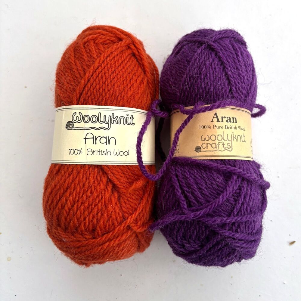 WoolyKnit Aran - 2 x 50gram balls in Orange / Purple