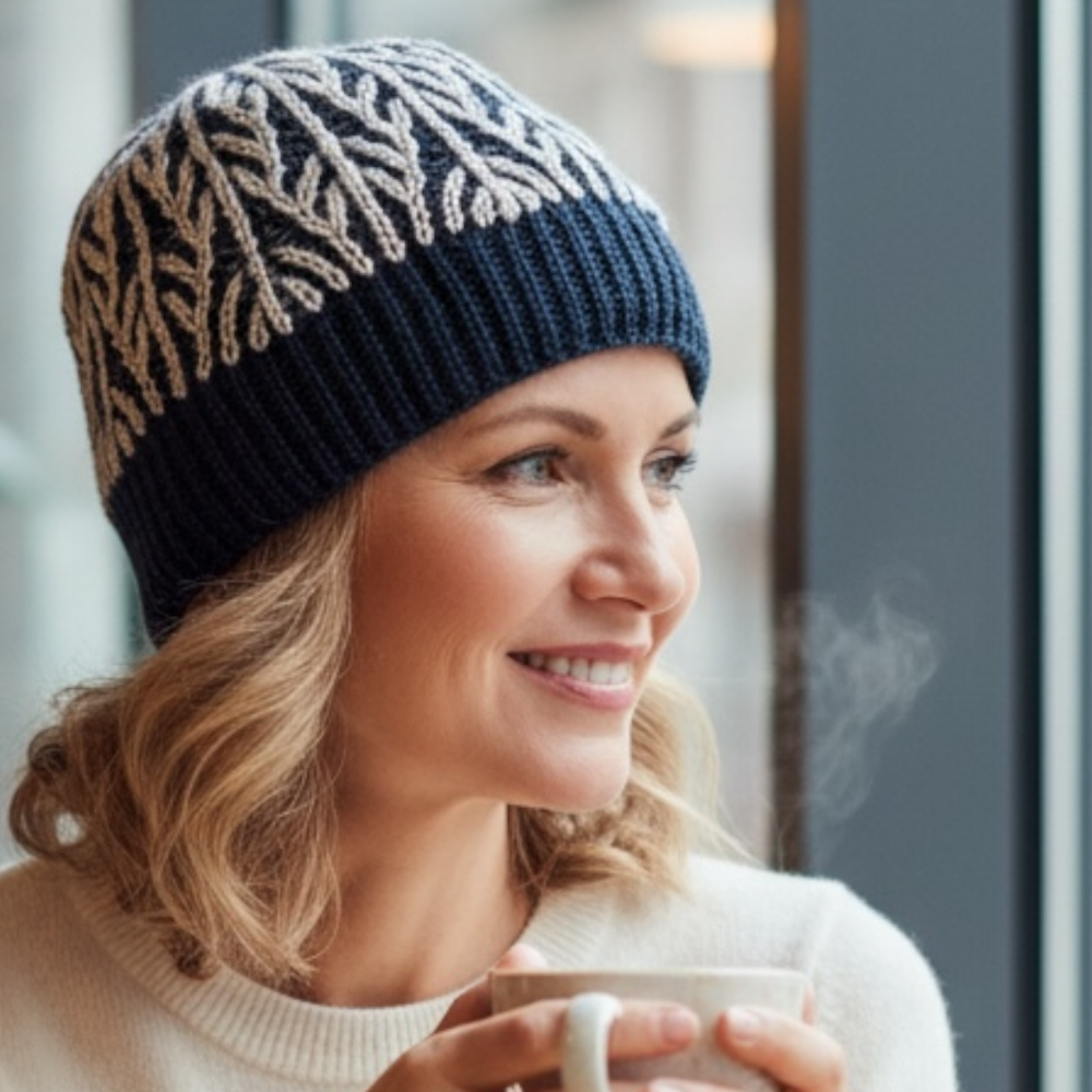 Petrol Blue and White Brioche beanie hat