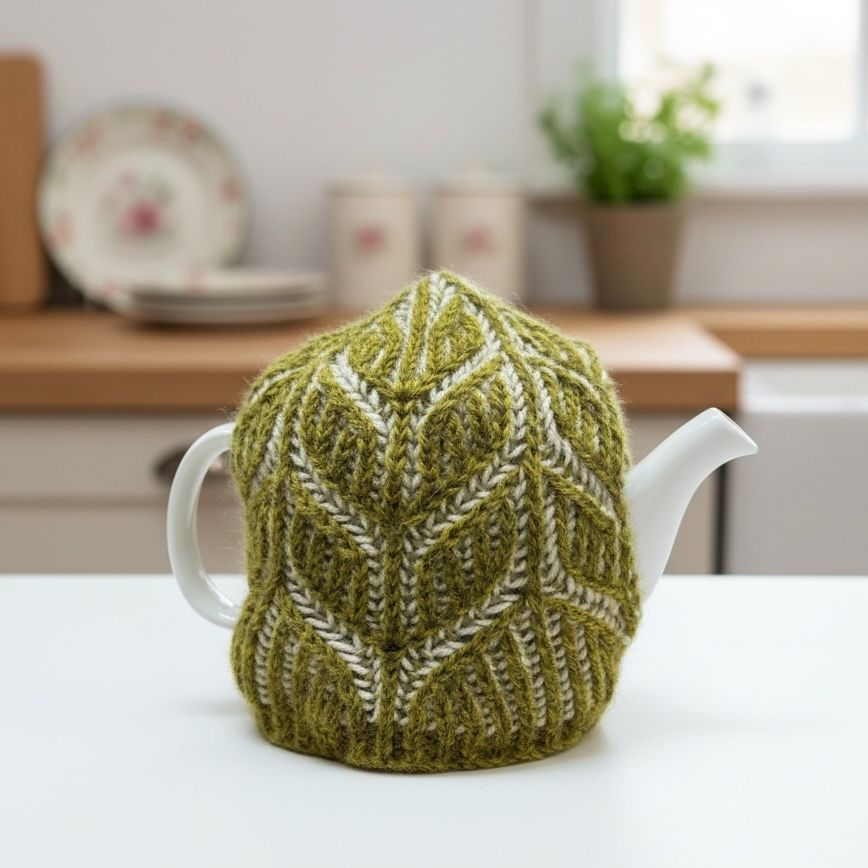 Green & White knitted Tea Cosy in 100% British Wool